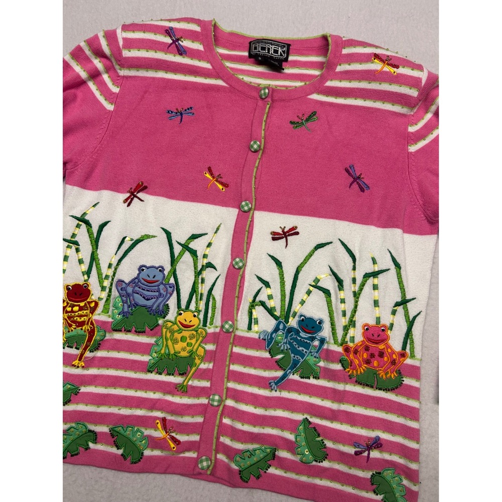 Berek Takako Sakon Pink Frog Dragonfly Beaded Embroidered Cardigan Sweater Small